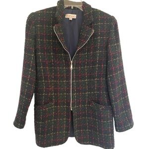 Vintage 90s Toto n Ko Long Boucle Plaid Wool Blend Blazer Jacket Women 12 Lined